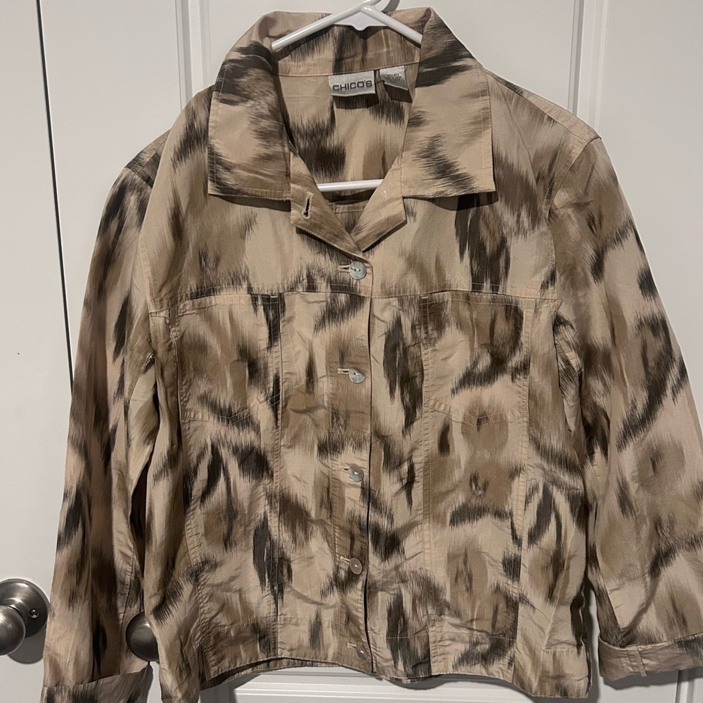 Chico's Tan and Brown Silk Women’s Button Shirt Light Jacket